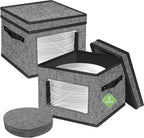 homyfort China Storage Containers With Lid and Handles, Dinnerware Storage Box for Dishes with 12 Felt Dividers, Hold 24 Plates, 12x 12, Set of 2, Grey