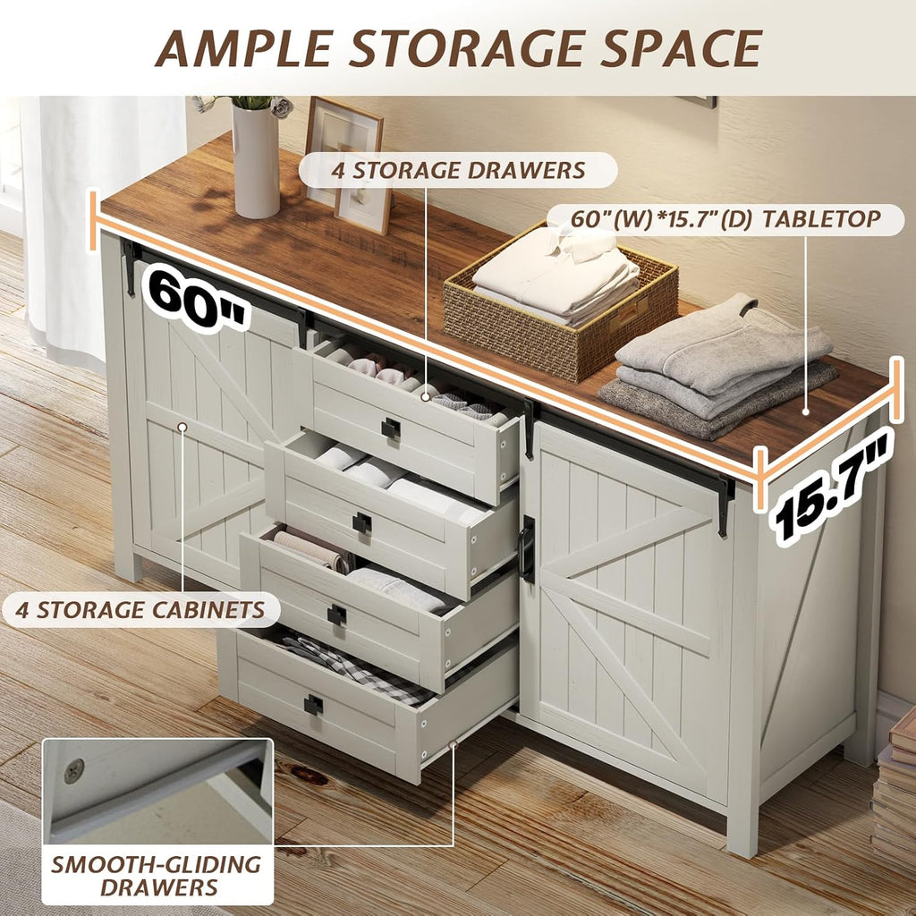 LUXOAK 60" Sideboard Buffet Cabinet with Storage Drawers for Kitchen, Dining Room, Rustic White