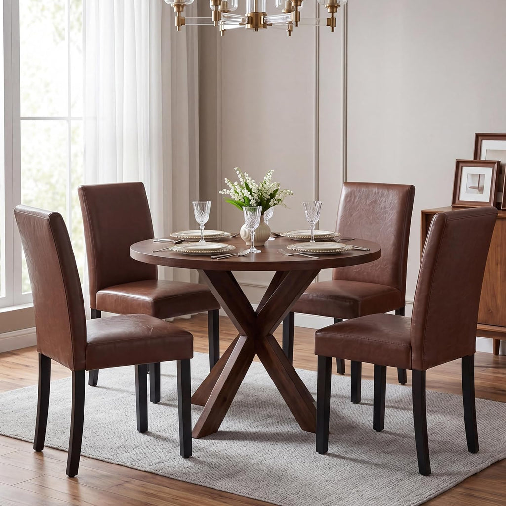 LSSBOUGHT Modern Dining Chair Urban Style Linen Kicthen Chairs with Solid Wood Legs for Dining Room and Restaurant (Brown, Set of 6)