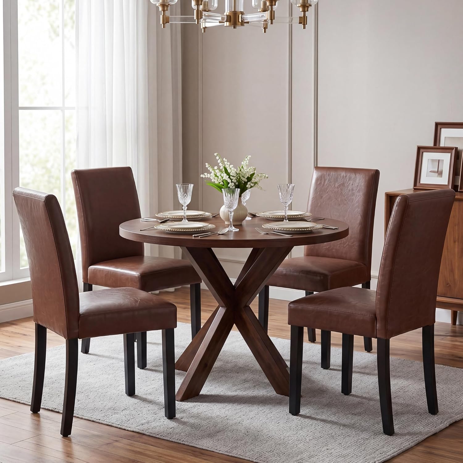 LSSBOUGHT Modern Dining Chair Urban Style Linen Kicthen Chairs with Solid Wood Legs for Dining Room and Restaurant (Brown, Set of 6)