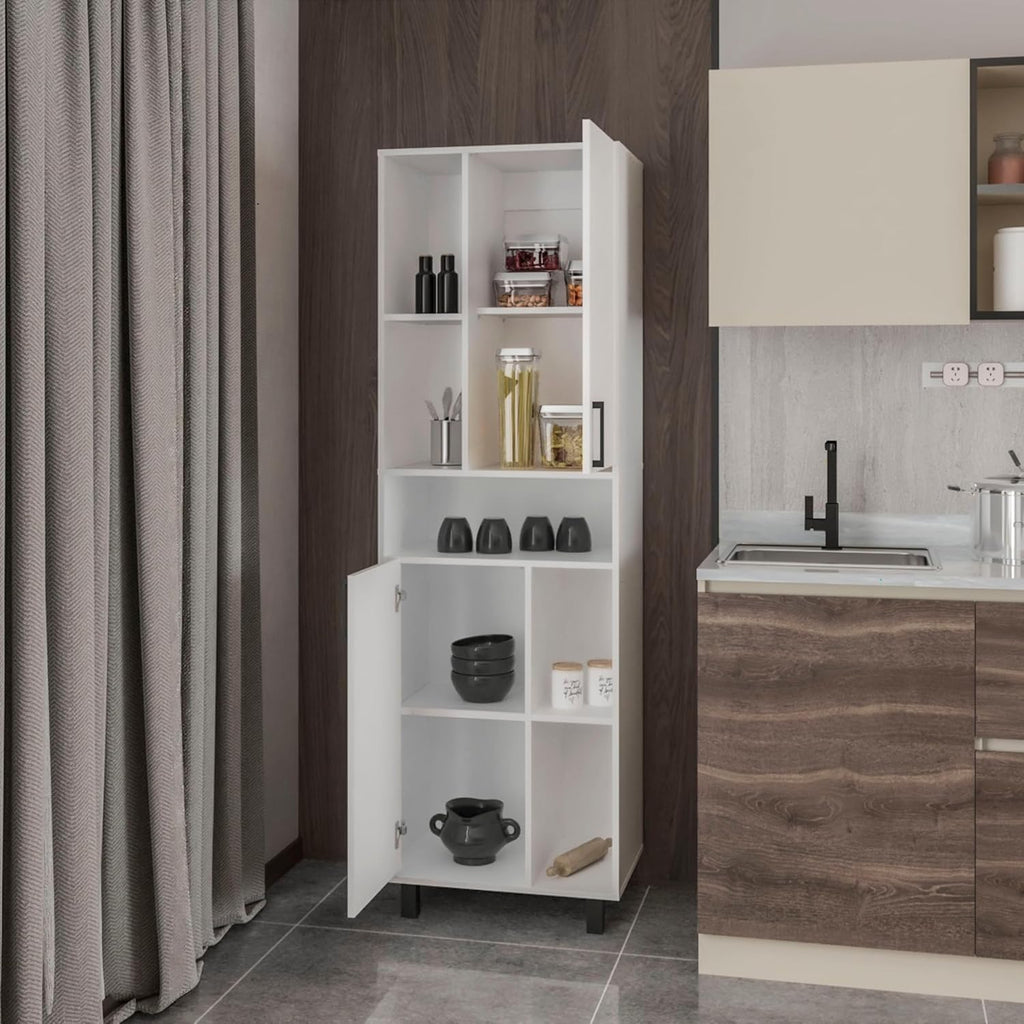 23.6" D*16.2" W*74.8" H Freestanding Kitchen Pantry with 4 Shelves, 2 Single Doors, Rectangular Wood Storage Cabinet, Modern Minimalist, for Living Room, Dining Room, White