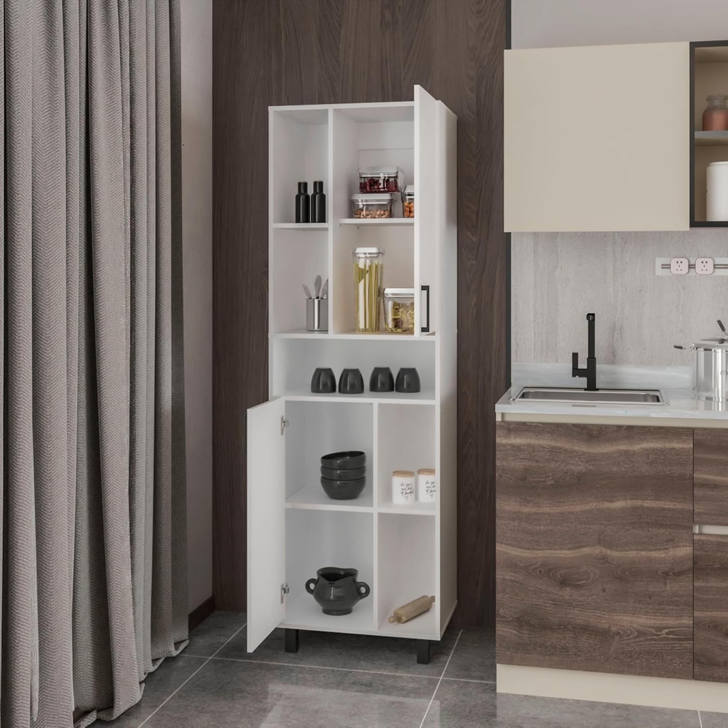 23.6" D*16.2" W*74.8" H Freestanding Kitchen Pantry with 4 Shelves, 2 Single Doors, Rectangular Wood Storage Cabinet, Modern Minimalist, for Living Room, Dining Room, White