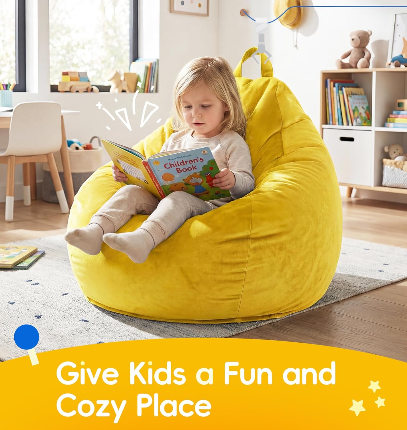 fond + found 2FT Bean Bag Chair Small Bean Bag with Removable Washable Cover, Memory Foam Comfy Bean Bag Chair with Handle & Side Pocket for Classroom, Living Room, Bedroom, Gaming