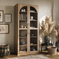 BELLEZE 67" Tall Glass Display Cabinet, Modern Wood Curio Cabinet Bookcase with Adjustable Storage Shelves, 6-Tier Trophy Showcase Display for Living Room - Camel