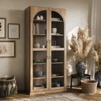 BELLEZE 67" Tall Glass Display Cabinet, Modern Wood Curio Cabinet Bookcase with Adjustable Storage Shelves, 6-Tier Trophy Showcase Display for Living Room - Camel