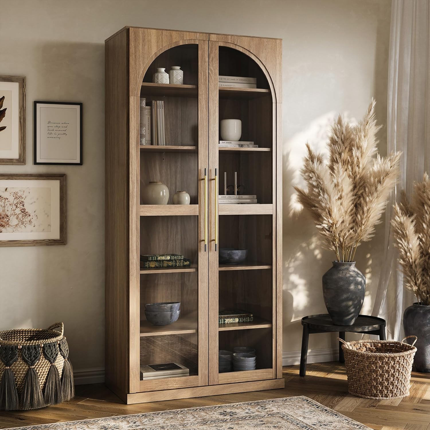 BELLEZE 67" Tall Glass Display Cabinet, Modern Wood Curio Cabinet Bookcase with Adjustable Storage Shelves, 6-Tier Trophy Showcase Display for Living Room - Camel