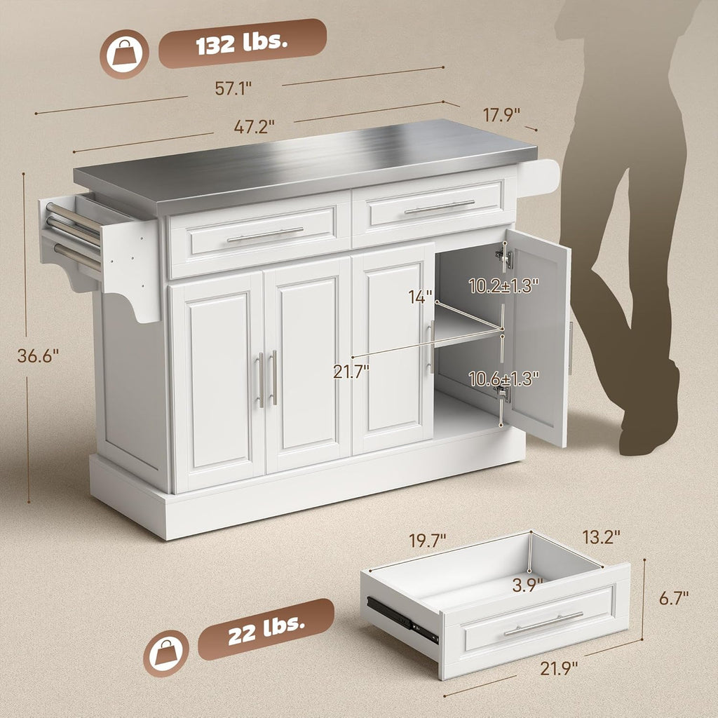 HOMCOM Rolling Kitchen Island Cart with 47" Stainless Steel Top, Portable Island Table for Kitchen with Wheels, Adjustable Shelves, 2 Drawers, Spice, Knife and Towel Rack, White