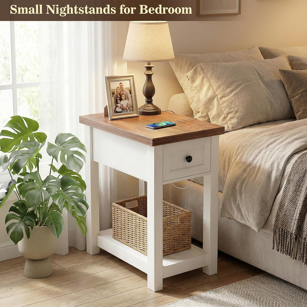 Narrow End Table with Charging Station - Farmhouse Side Table with Drawer, 14" Wide Wood Nightstand Slim Couch Bedside Table for Living Room Bedroom Small Spaces, 2-Tone Antique White & Brown
