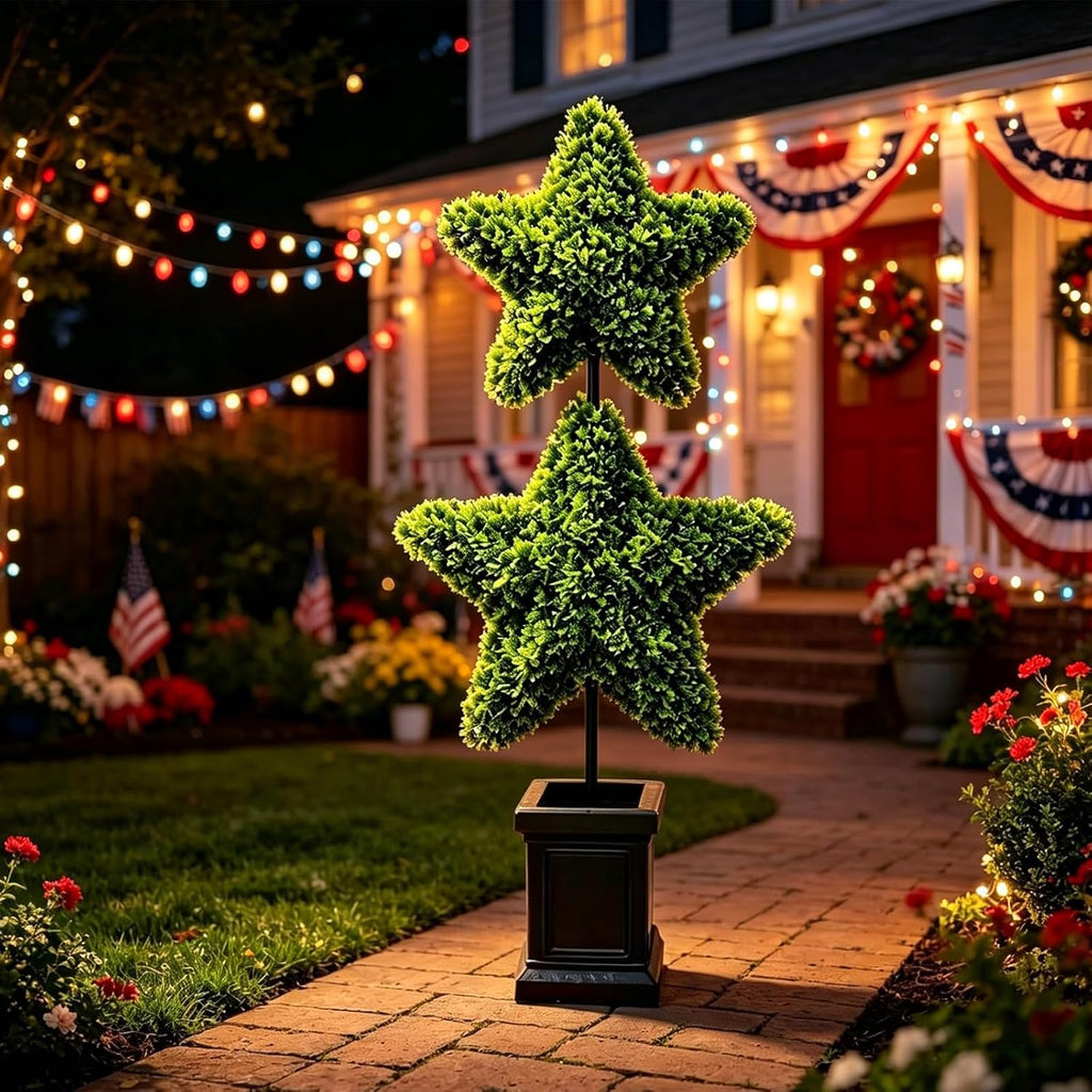 Patriotic Star Topiary Tree, Two Star Artificial Boxwood Topiary Tree, Indoor Outdoor Patriotic Star Shaped Artificial Plant Decor for 4th of July Indoor Outdoor Memorial Day Centerpiece (Green)