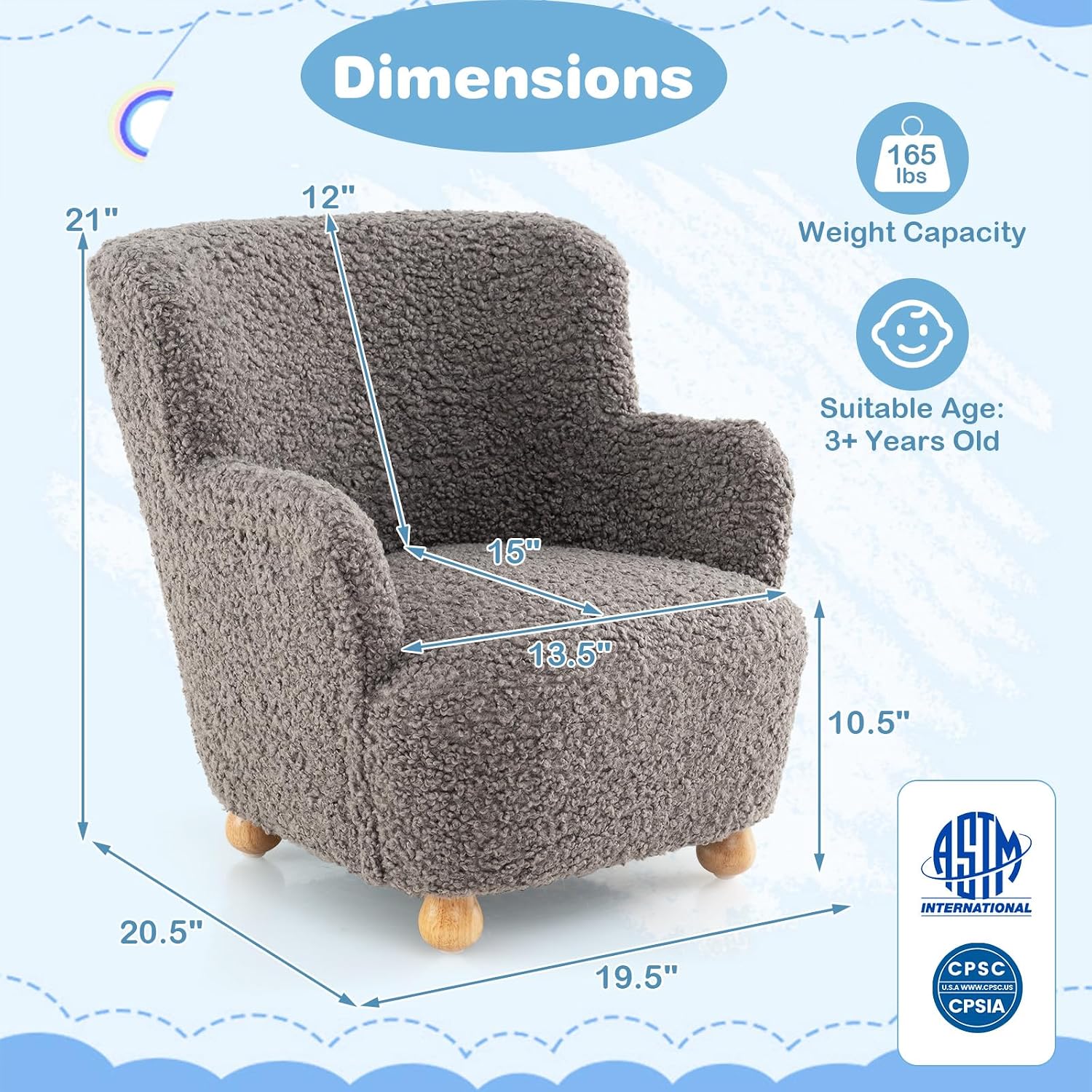 Costzon Kids Sofa, Comfy Toddler Armchair with Solid Rubber Wood Legs, Upholstered Children Reading Chair for Boys & Girls Aged 3+, Kids Furniture Mini Recliner Chair for Bedroom, Playroom (Gray)