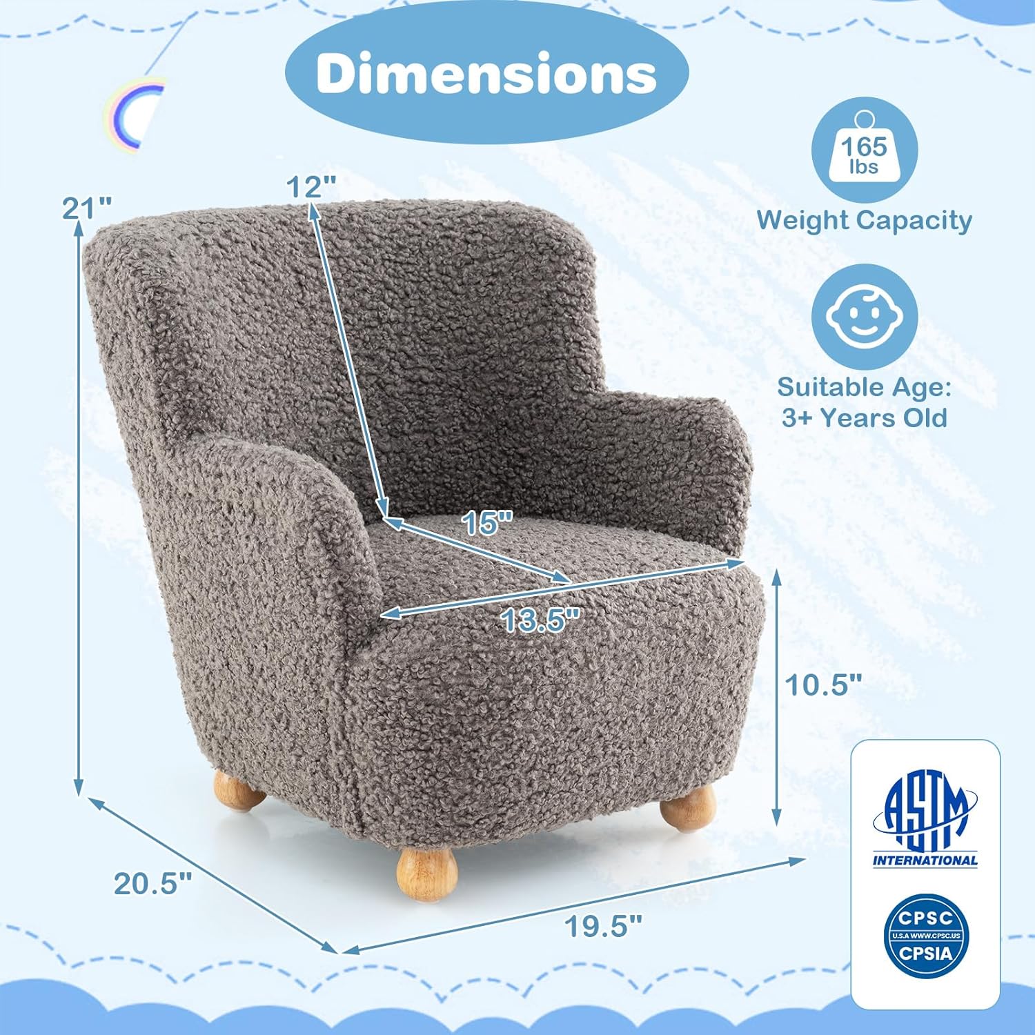 KOTEK Comfy Toddler Chair, Sherpa Kids Armchair with Rubber Wood Legs, Children Reading Chair for Boys & Girls, Upholstered Kids Sofa for Playroom Bedroom Nursery (Grey)