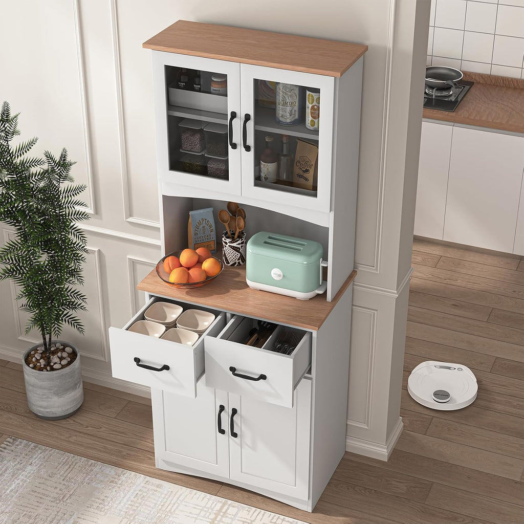 Kitchen Pantry Cabinet with Glass Doors, 66.93" Tall Kitchen Hutch Bar Cabinet with Microwave Stand Farmhouse Wood Storage Cabinet with 2 Drawers and Shelves Cupboard for Dining Room, 66.93" H