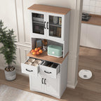 Kitchen Pantry Cabinet with Glass Doors, 66.93" Tall Kitchen Hutch Bar Cabinet with Microwave Stand Farmhouse Wood Storage Cabinet with 2 Drawers and Shelves Cupboard for Dining Room, 66.93" H