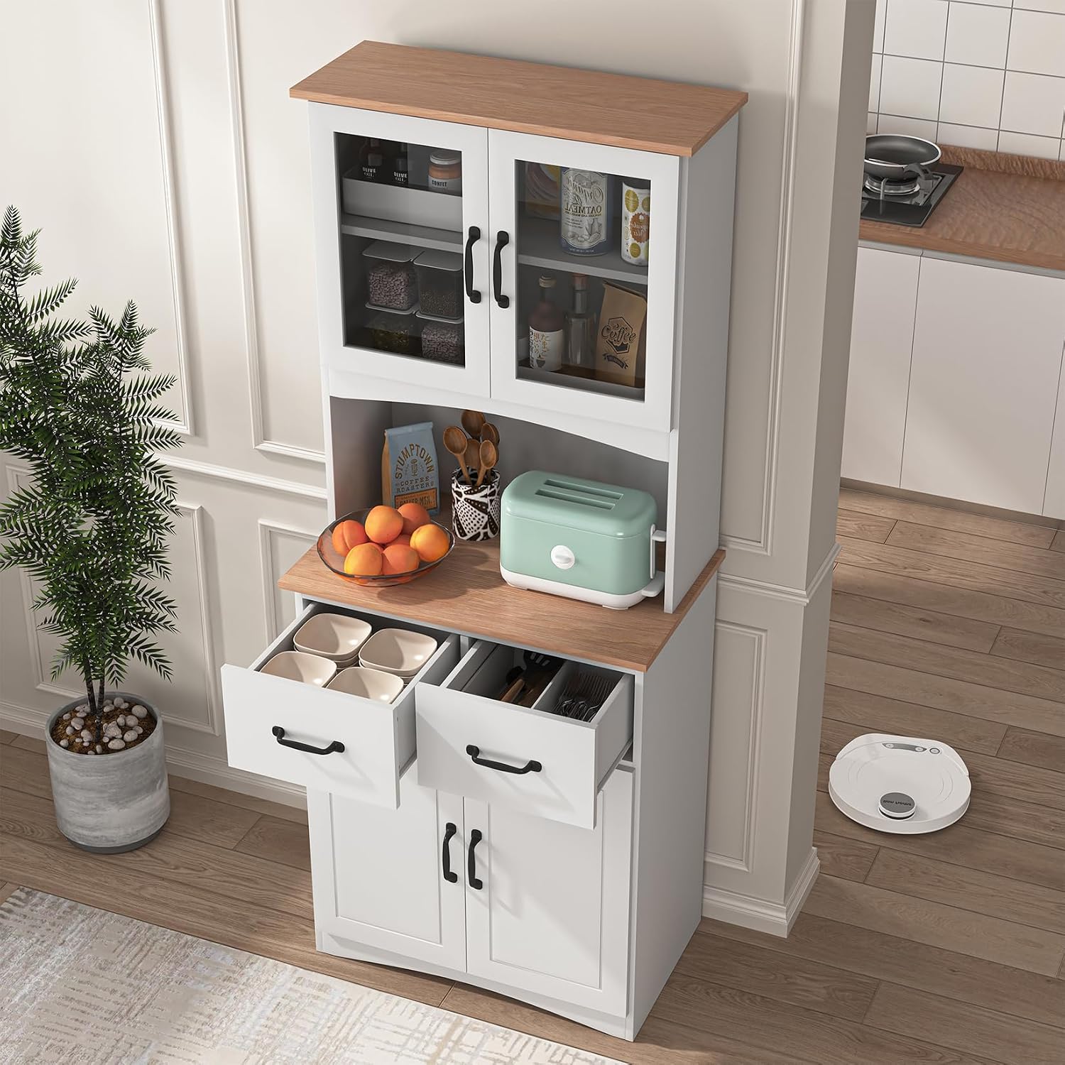 Kitchen Pantry Cabinet with Glass Doors, 66.93" Tall Kitchen Hutch Bar Cabinet with Microwave Stand Farmhouse Wood Storage Cabinet with 2 Drawers and Shelves Cupboard for Dining Room, 66.93" H
