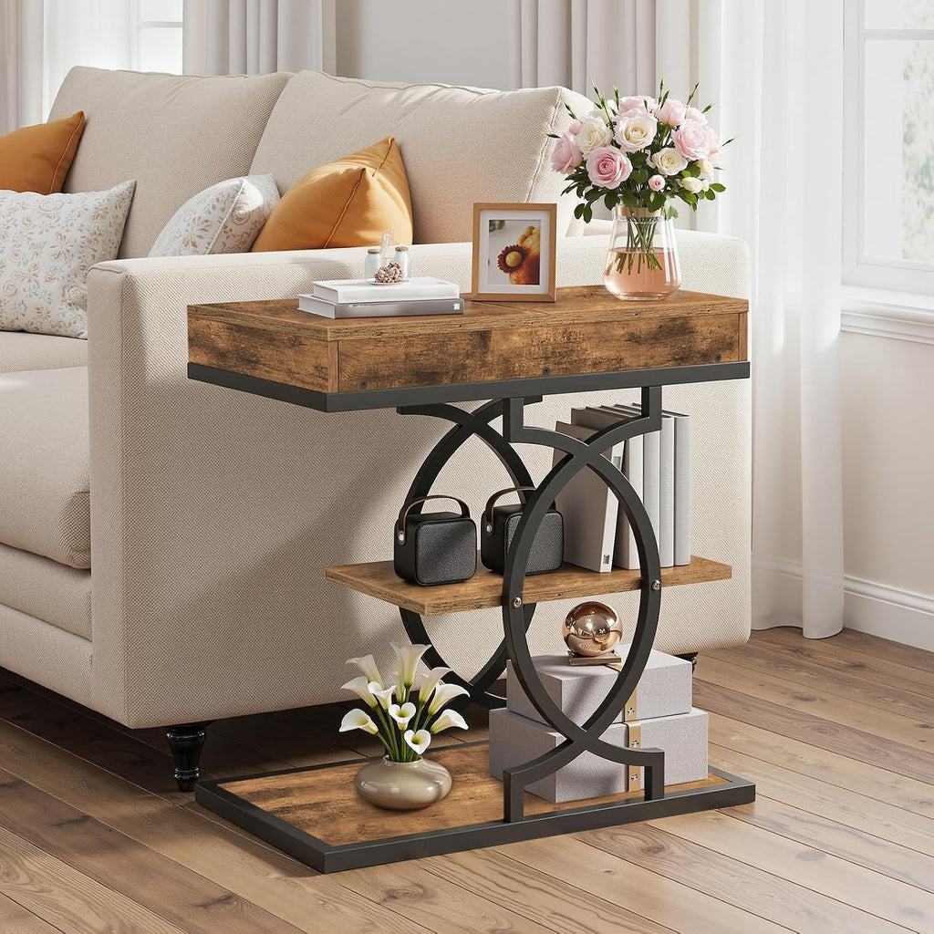 YATINEY End Table, 4-Tier Side Table with Hidden Drawer for Living Room | Storage Shelves, Sturdy Curved Metal Frame, Retro Panels, Stylish Design,Wooden Nightstand