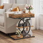 YATINEY End Table, 4-Tier Side Table with Hidden Drawer for Living Room | Storage Shelves, Sturdy Curved Metal Frame, Retro Panels, Stylish Design,Wooden Nightstand