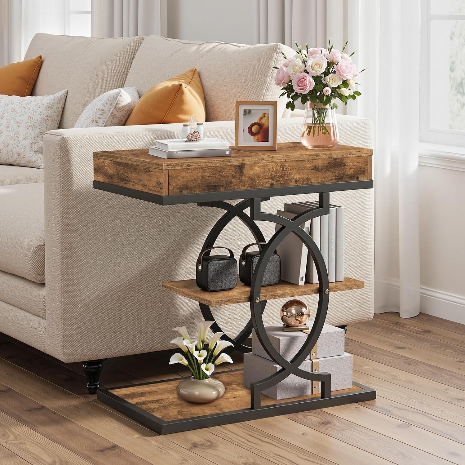 YATINEY End Table, 4-Tier Side Table with Hidden Drawer for Living Room | Storage Shelves, Sturdy Curved Metal Frame, Retro Panels, Stylish Design,Wooden Nightstand