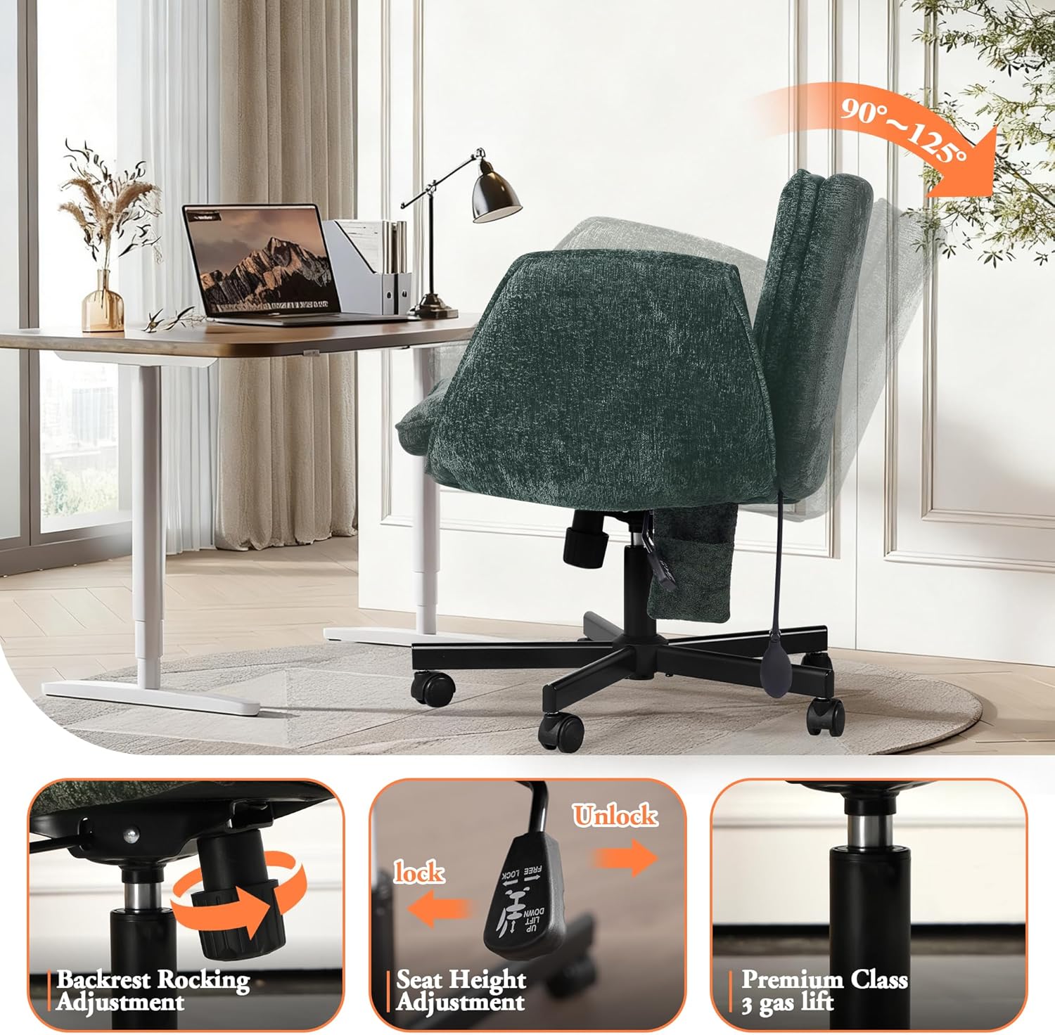 Criss Cross Chair with Lumbar Airbag & Folding Arms Relieve Back Pain, Wide Cross Legged Office Chair for Home Office, Comfy Swivel Desk Chair with Wheels, 5 Level Adjustable Armrest, Chenille(Green)