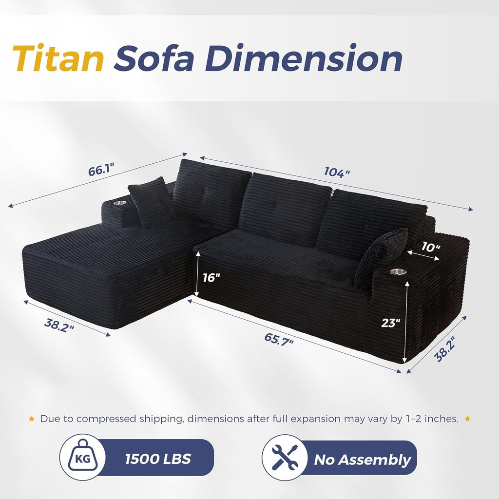 MAXYOYO 104" Modular Sectional Couch with L-Shape Chaise, Modern Boneless Couch for Living Room, Sofa in A Box, Oversized Sofa with Deep Seat, No Assembly Required, Black