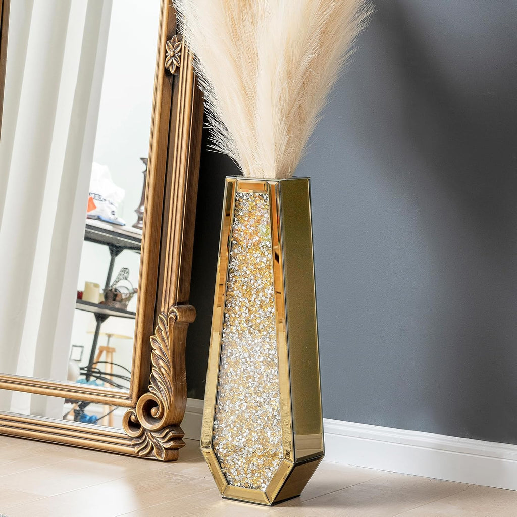 SHYFOY 24" Gold Floor Vase, Crushed Diamond Tall Glass Vase for Floor, Luxury Crystal Mirrored Decorative Flower Vase for Pampas Grass, Office and Home Decor