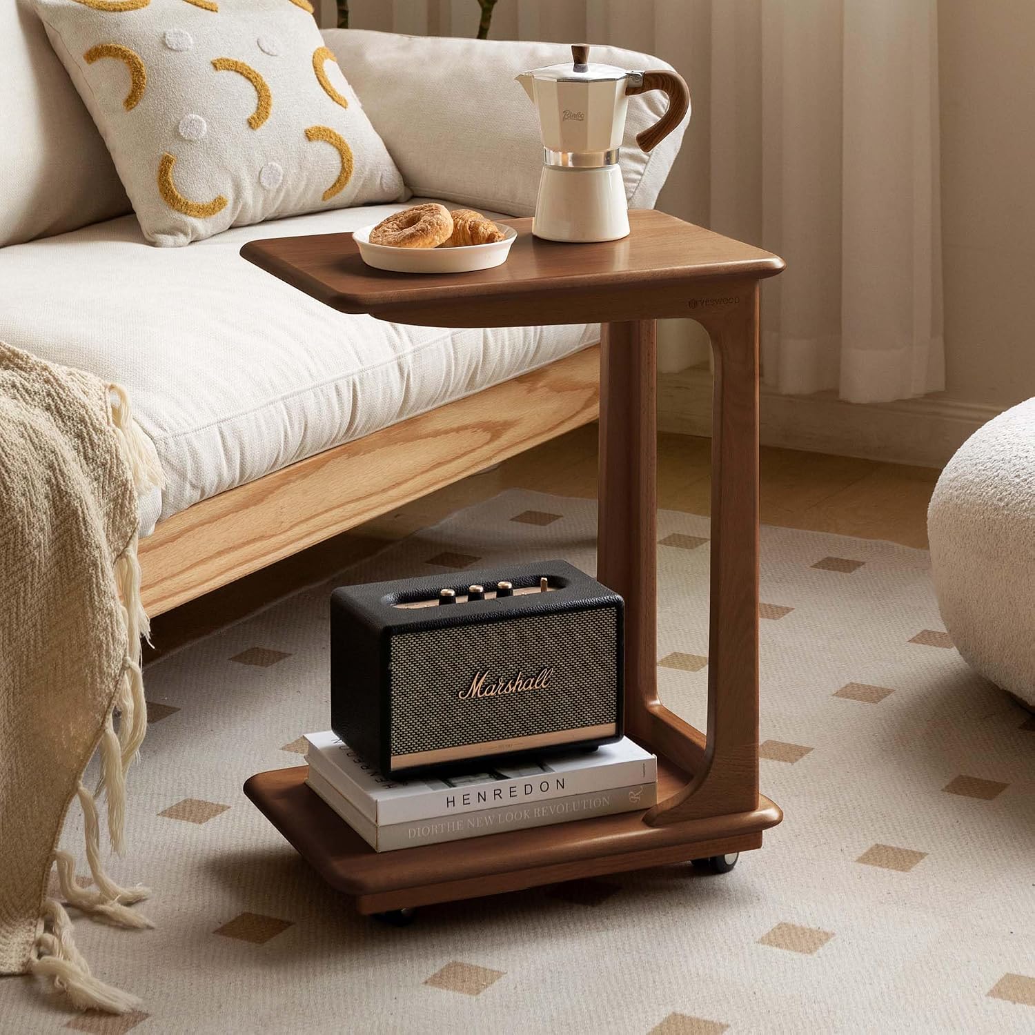 YESWOOD 100% Solid Wood C Shaped Side Table with Wheels, Small Side Table for Living Room, Wooden End Table for Couch, Walnut Bed Side Tables for Bedroom(24.5" H)