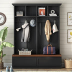Merax Wood Hall Tree with 6 Hooks & Entryway Bench, Farmhouse Mudroom Versatile Coat Racks with 2 Large Drawers, Entrance Organizer for Hallway, Black