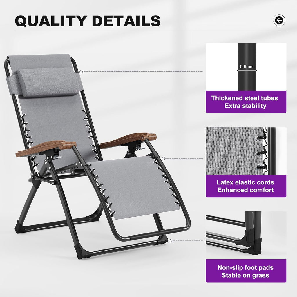 PURPLE LEAF Oversized Outdoor Reclining Chair Patio Zero Gravity Chaise Lounge Folding Chair with Removable Cushion Adjustable Headrest for Lawn Camping Beach Pool Grey