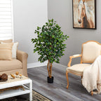 Nearly Natural 4ft Triple Trunk Ficus Silk Tree with Natural Wood Trunks and Dense Foliage, Mid-Size Faux Floor Plant for Home and Office
