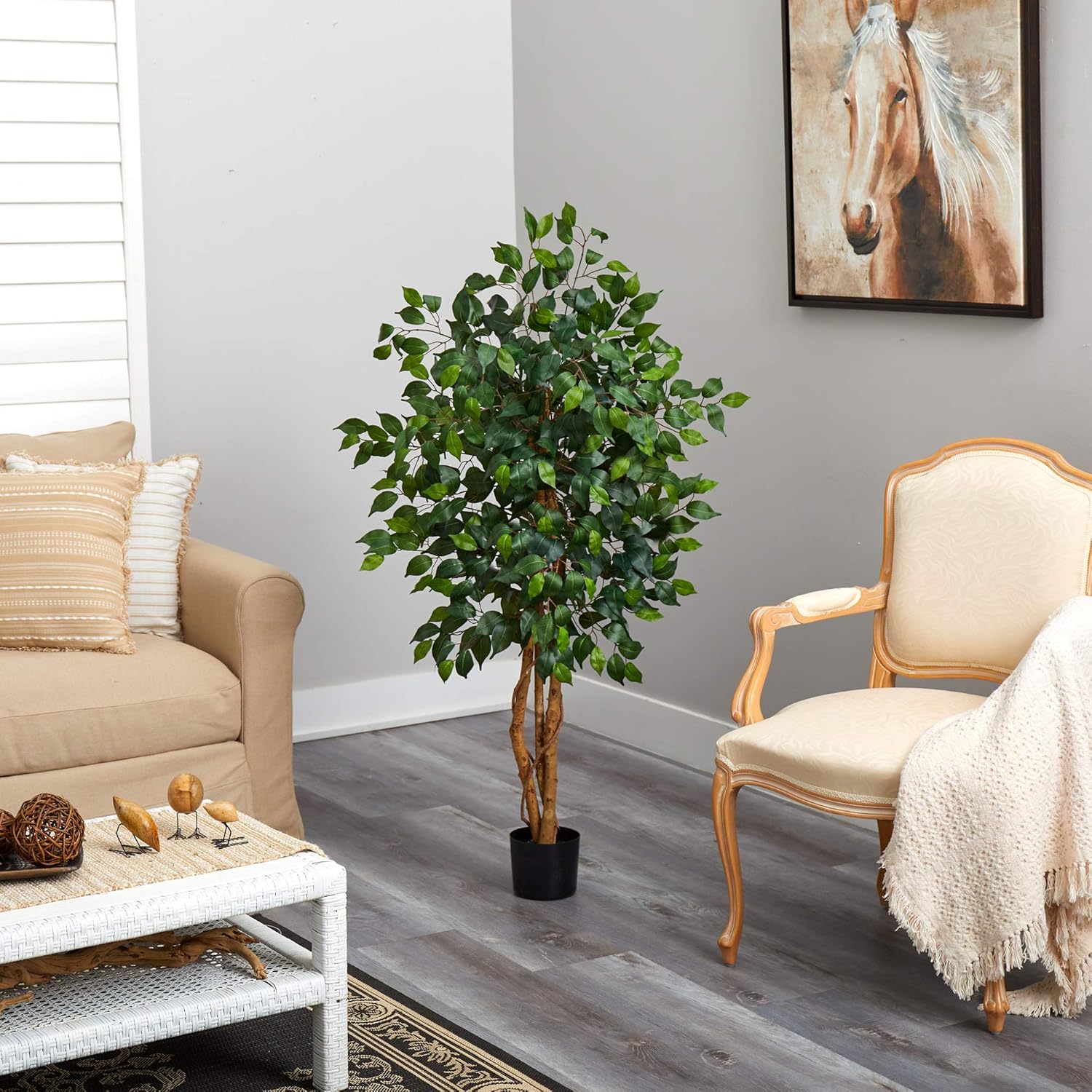 Nearly Natural 4ft Triple Trunk Ficus Silk Tree with Natural Wood Trunks and Dense Foliage, Mid-Size Faux Floor Plant for Home and Office