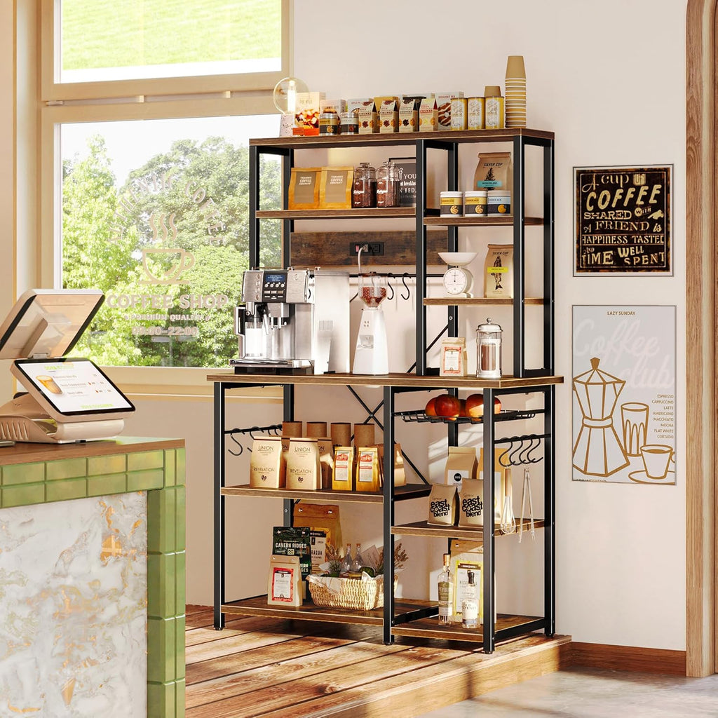 SUPERJARE Large Bakers Rack with Power Outlets, 6-Tier Microwave Stand, Coffee Bar with 12 S-Shaped Hooks, Kitchen Shelf with Wire Basket, 39.4 x 14.6 x 66.9 Inches, Rustic Brown