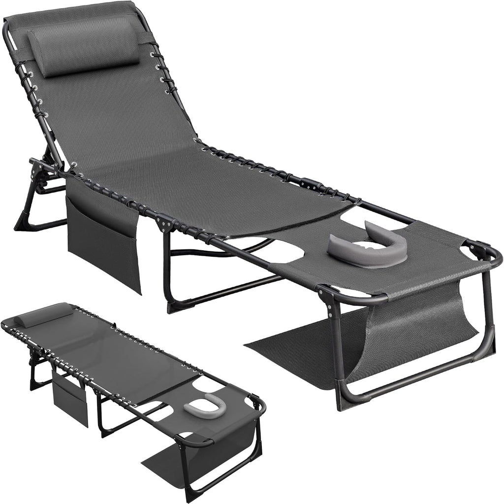 Flamaker Oversize Face Down Chaise Lounge Chair | 27 Inch Wide Foldable Outdoor Patio Chair, 5-Position Adjustable Tanning Chair with Face& Arm Holes (Grey, 1 Pcs)