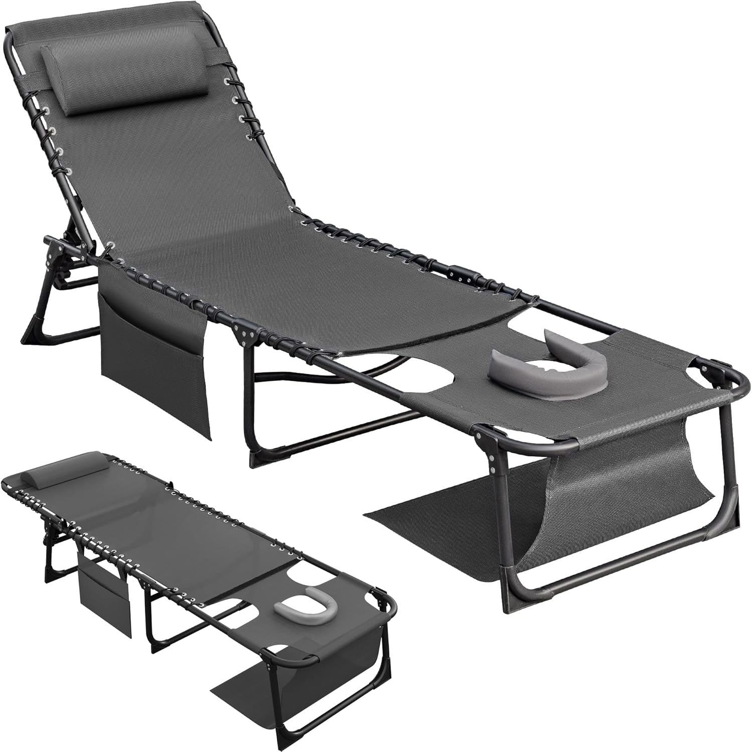 Flamaker Oversize Face Down Chaise Lounge Chair | 27 Inch Wide Foldable Outdoor Patio Chair, 5-Position Adjustable Tanning Chair with Face& Arm Holes (Grey, 1 Pcs)