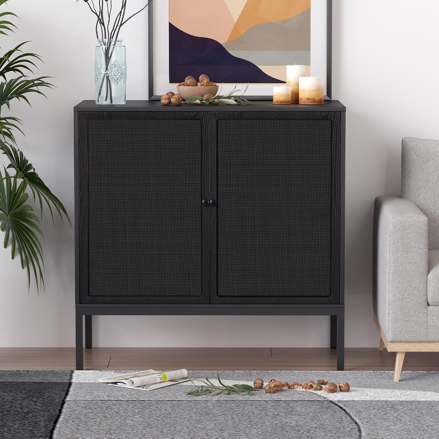 XIAO WEI Farmhouse Boho Sideboard Buffet Cabinet with Black Rattan Doors, Accent Credenza Console Storage Cabinet with Metal Legs for Living Room, Kitchen