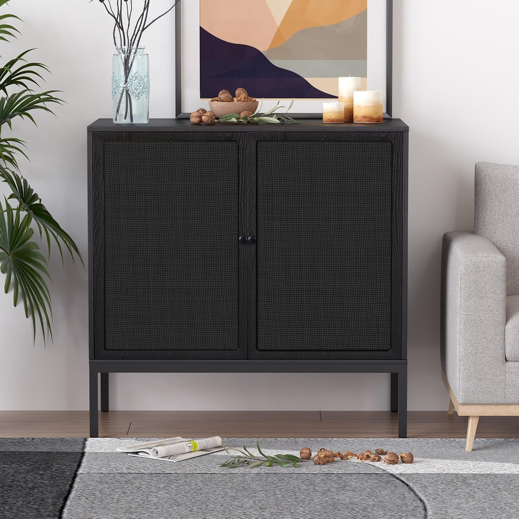 XIAO WEI Farmhouse Boho Sideboard Buffet Cabinet with Black Rattan Doors, 31.5" W Accent Credenza Console Storage Cabinet with Metal Legs for Living Room, Entryway, Kitchen/Set of 2