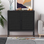 XIAO WEI Farmhouse Boho Sideboard Buffet Cabinet with Black Rattan Doors, 31.5" W Accent Credenza Console Storage Cabinet with Metal Legs for Living Room, Entryway, Kitchen/Set of 2