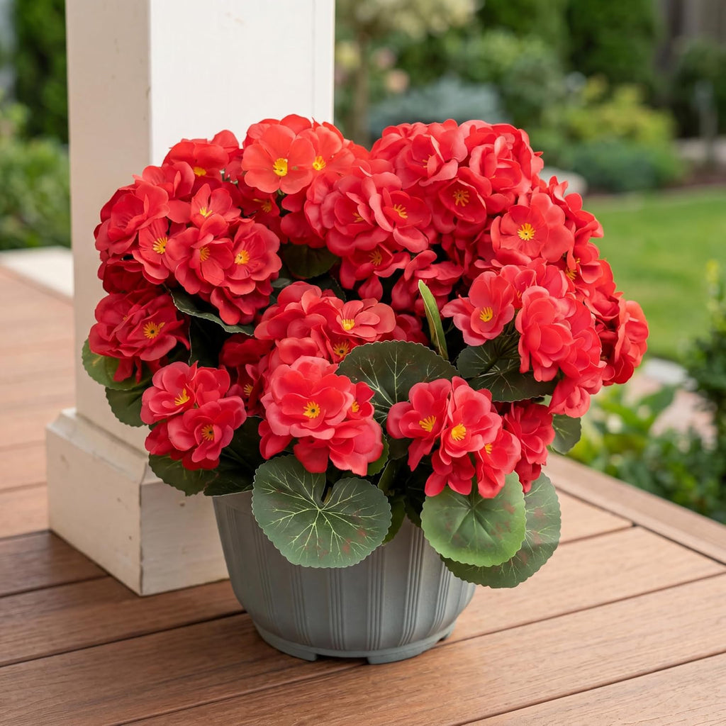 Artificial Geranium Fake Flowers for Outdoors Decoration, 4 Bundles Silk Geraniums Red Flower UV Resistant Look Real Faux Plants for Front Door Garden Porch Planter Patio Balcony Yard Indoor Home