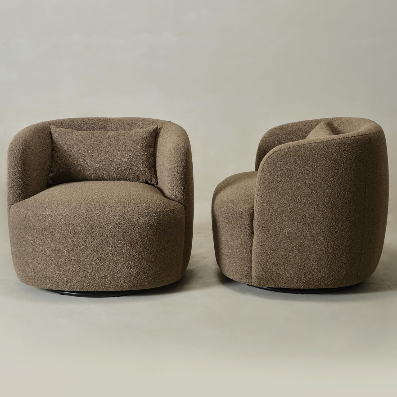 KINWELL 34" Wide Sherpa Swivel Barrel Chairs Set of 2, No Assembly Round Boucle Upholstered Accent Chairs Armchairs Single Sofa Chair with Toss Pillow for Living Room and Bedroom, Teddy Brown