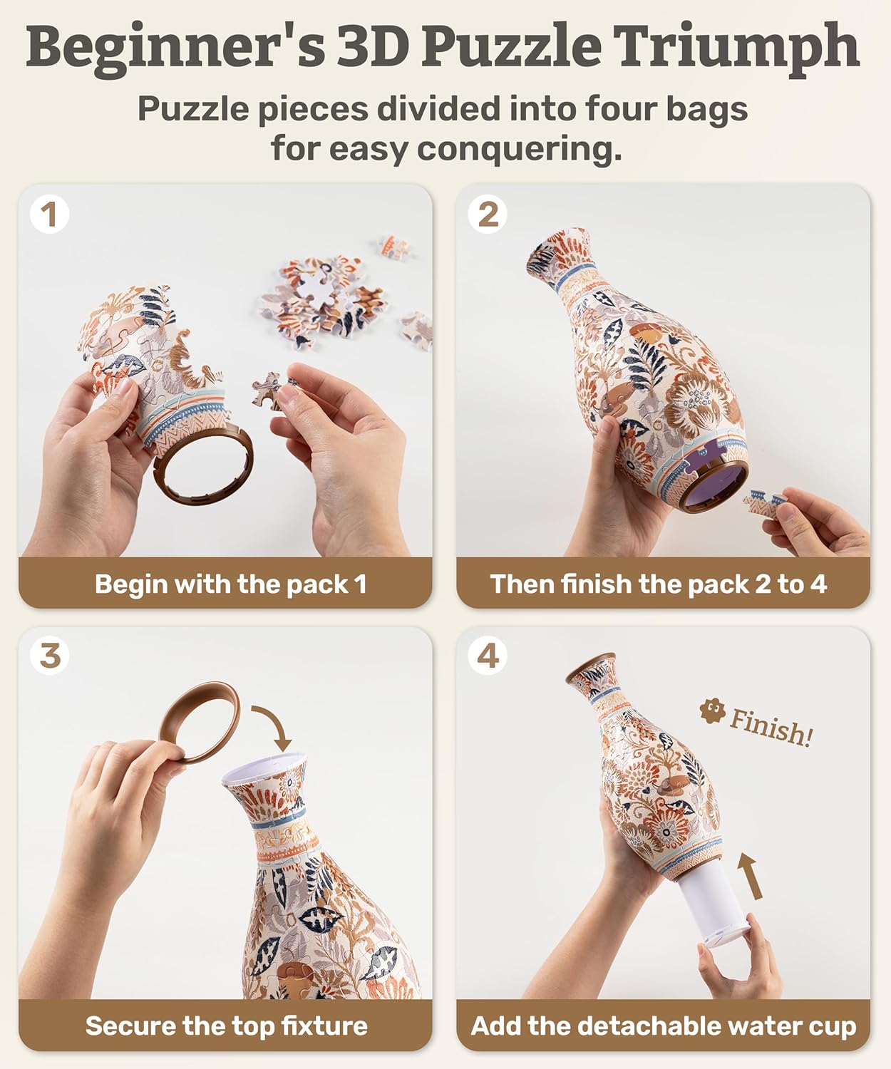 PieceRelax 3D Puzzle Vase for Adults to Flower Arrangement and Home Decoration Made By 160 Curved Plastic Puzzle Pieces - Winter Grace, for Mom [S1043]