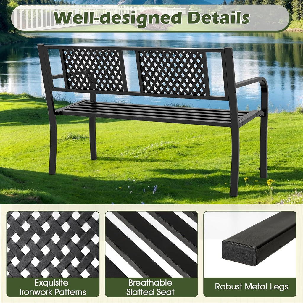 Giantex Metal Outdoor Bench with Mesh Pattern Backrest, Curved Armrests, 660Lbs Capacity, Slatted Seat for 2-3 Persons, Patio Bench for Yard, Poolside, Porch, Park, Garden (50"×23"×32",Black)