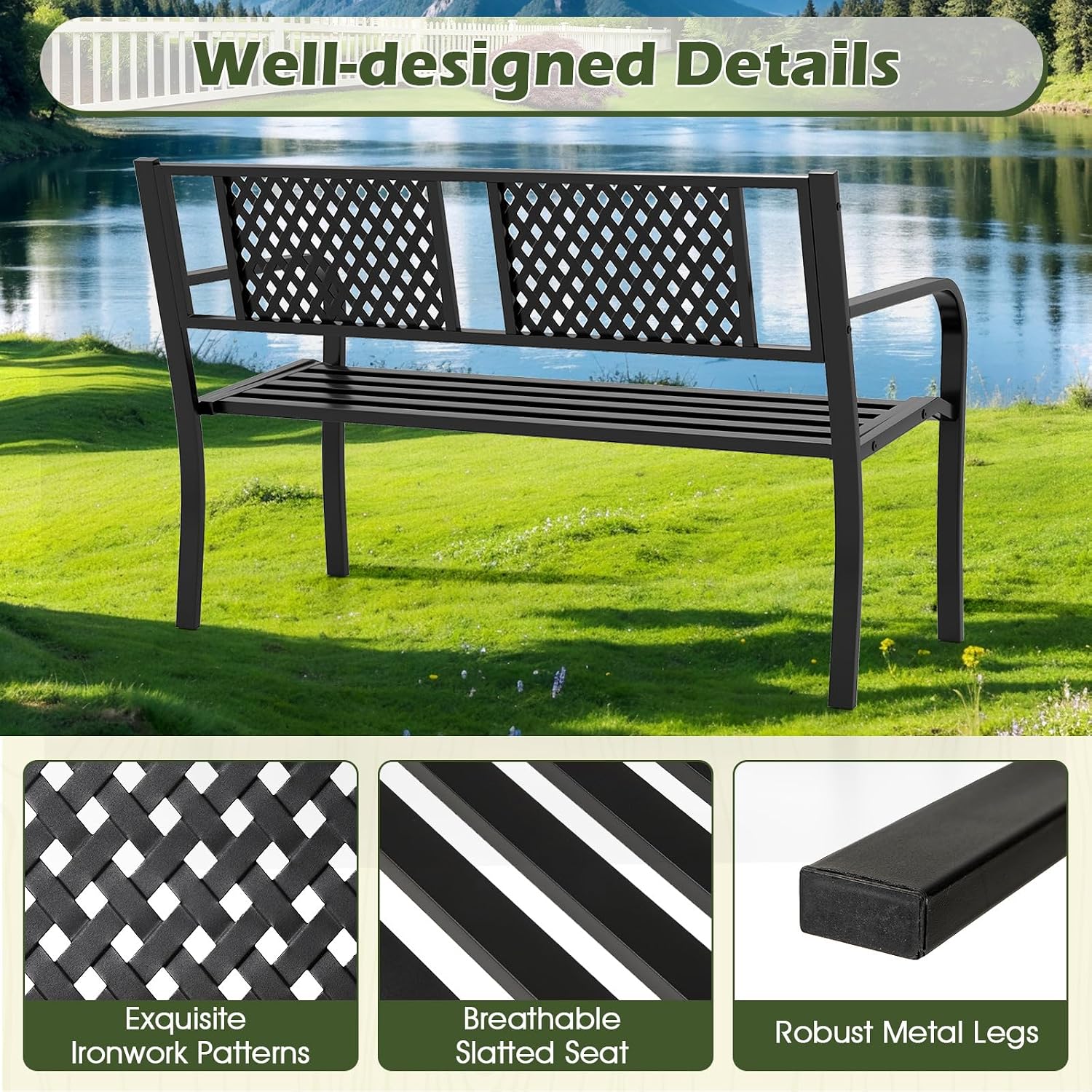 Giantex Metal Outdoor Bench with Mesh Pattern Backrest, Curved Armrests, 660Lbs Capacity, Slatted Seat for 2-3 Persons, Patio Bench for Yard, Poolside, Porch, Park, Garden (50"×23"×32",Black)