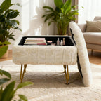 Small Foot Stool with Storage & Gold Metal Legs, Small Ottoman Foot Rest Under Desk for Couch, Chair, White Furry with High-Density Resilient Sponge