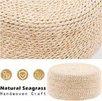 Cpintltr Ottoman Natural Seagrass Footrest Poufs Hand Weave Round Foot Stool for Couch Desk Soft Step Stool Padded Foot Rest with Pine Legs for Living Room Bedroom (Natural White)