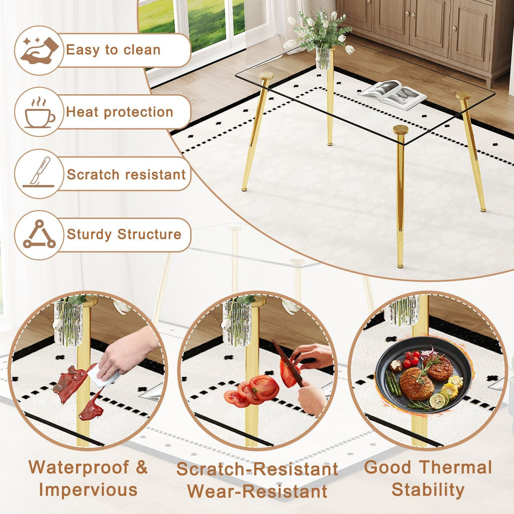 Ebullient Glass Dining Table Set for 4, 51" Clear Tempered Glass Tabletop with Gold Chrome Metal Legs and 4 Transparent Acrylic Chairs, Compact Modern Kitchen Table Set for Small Space Dining Room