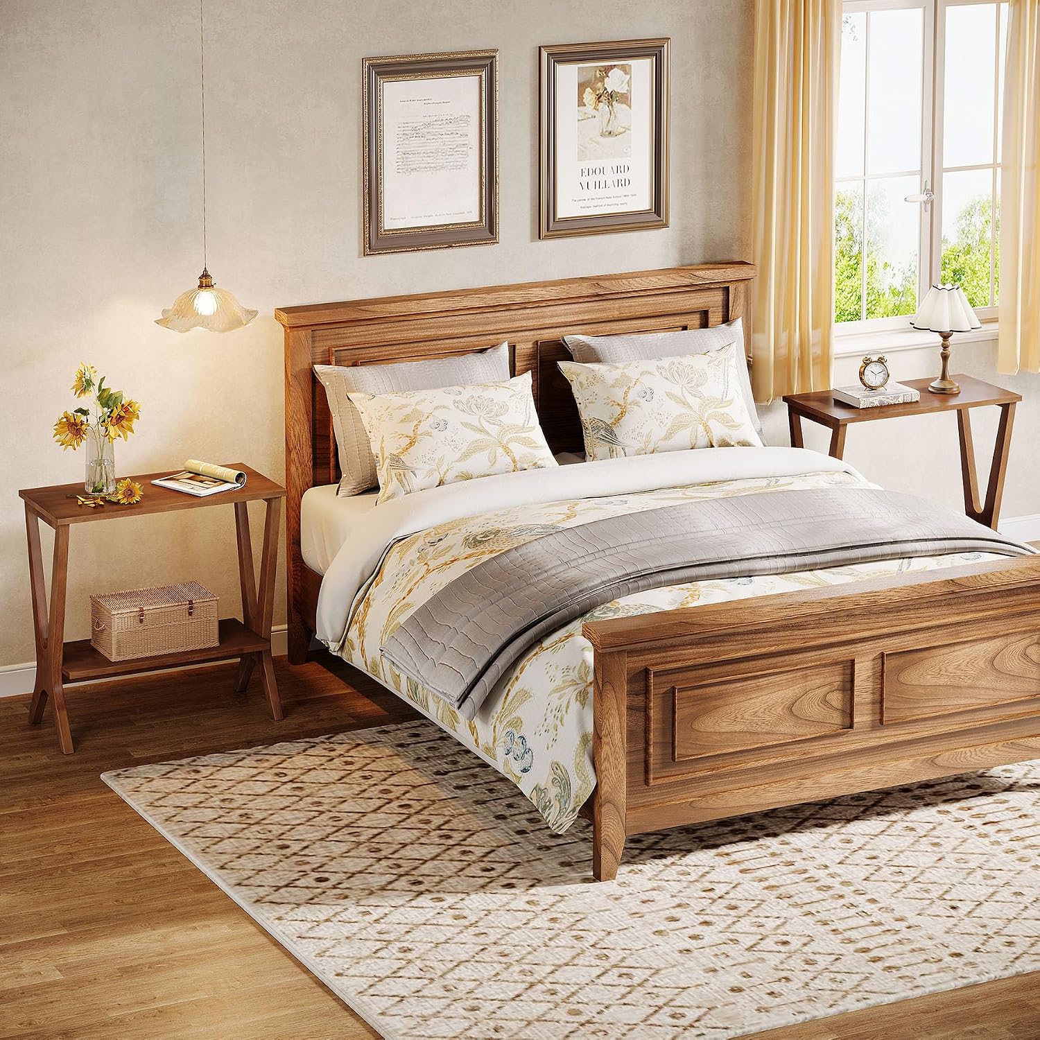 Solid Wood End Table for Living Room, 2-Tier Storage Shelves Sofa Couch Side Table with Sturdy Legs, Wooden Narrow Retro Nightstand for Small Spaces, Bedroom, Apartment