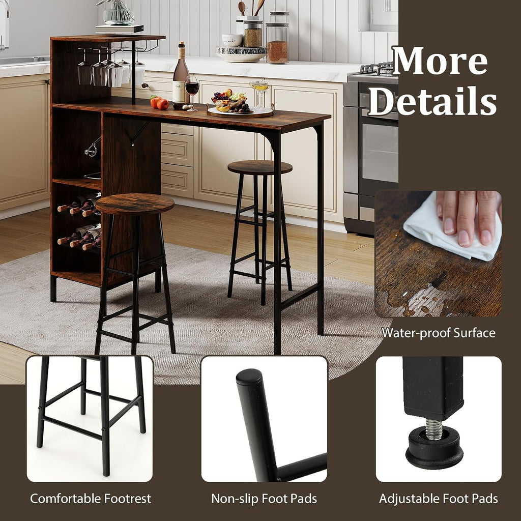 GOFLAME Bar Table Set for 2, Counter Height Dining Table Set with Shelves, Cup Holder & Wine Rack, Breakfast Table & Stools Set, 3-Piece Pub Table Set for Kitchen, Dining Room, Rustic Brown