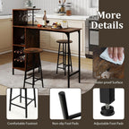 GOFLAME Bar Table Set for 2, Counter Height Dining Table Set with Shelves, Cup Holder & Wine Rack, Breakfast Table & Stools Set, 3-Piece Pub Table Set for Kitchen, Dining Room, Rustic Brown