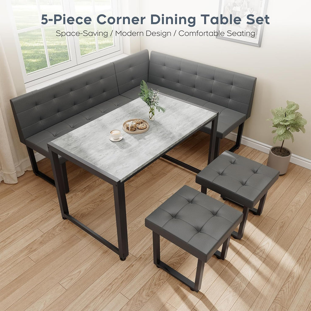 Yechen Corner Dining Table Set with Upholstered Banquette, 70 Inch 5-Piece Kitchen Breakfast Nook Table Set, Space Saving, Grey(Table, Bench, Dining Stools)