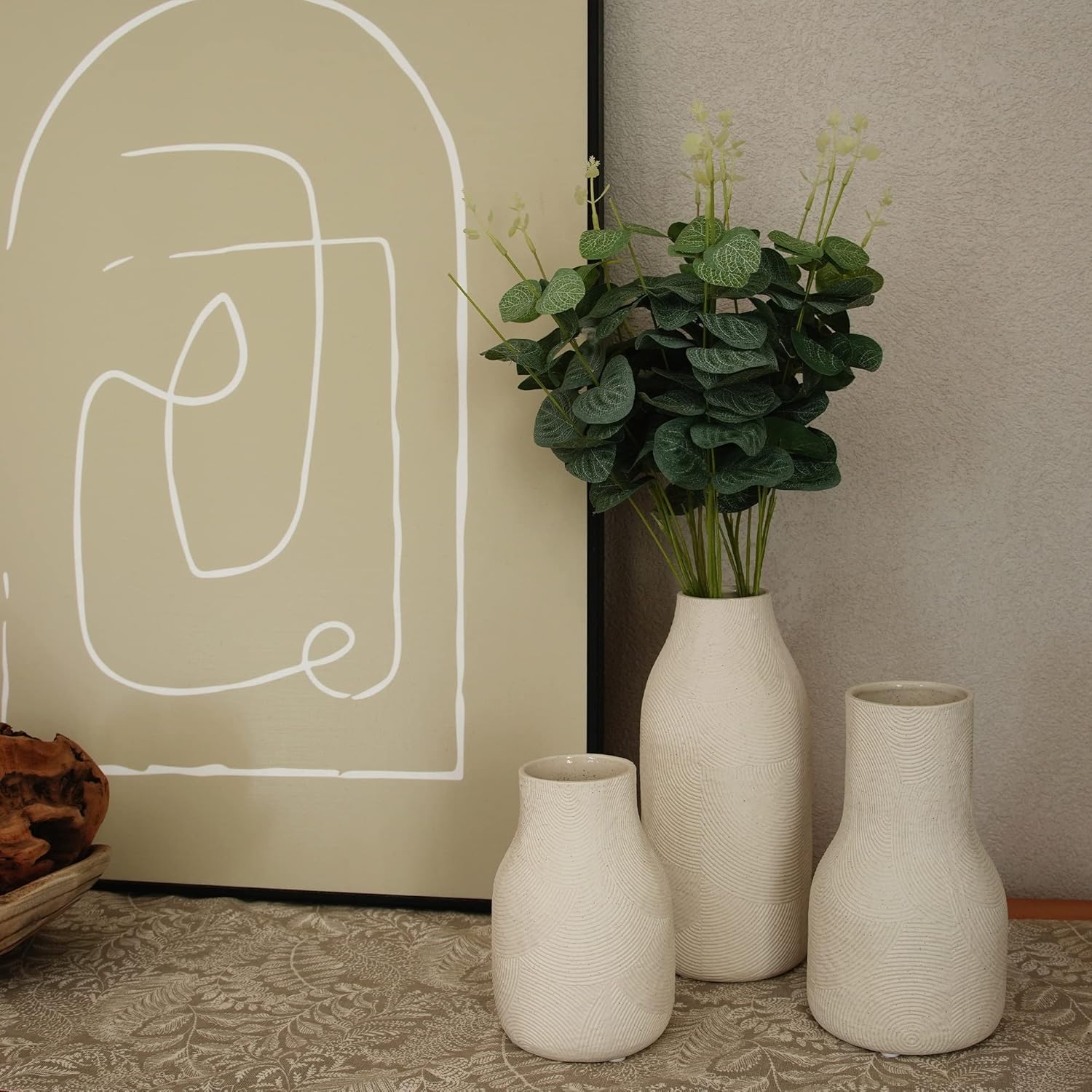 Ceramic Vases for Home Decor - Matte White Textured Vase Set of 3, Decorative Vases for Flowers, Pampas Grass Arrangement, Table Centerpieces, Office and Living Room Boho Decor