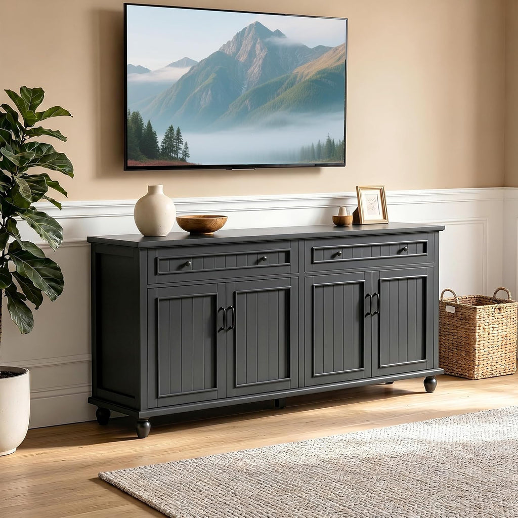 Scurrty Sideboard Buffet Cabinet, 62'' Large Storage Cabinet with Drawers and 4 Doors, Vintage Coffee Bar Cabinets with Adjustable Shelf for Kitchen, Living Room, Black