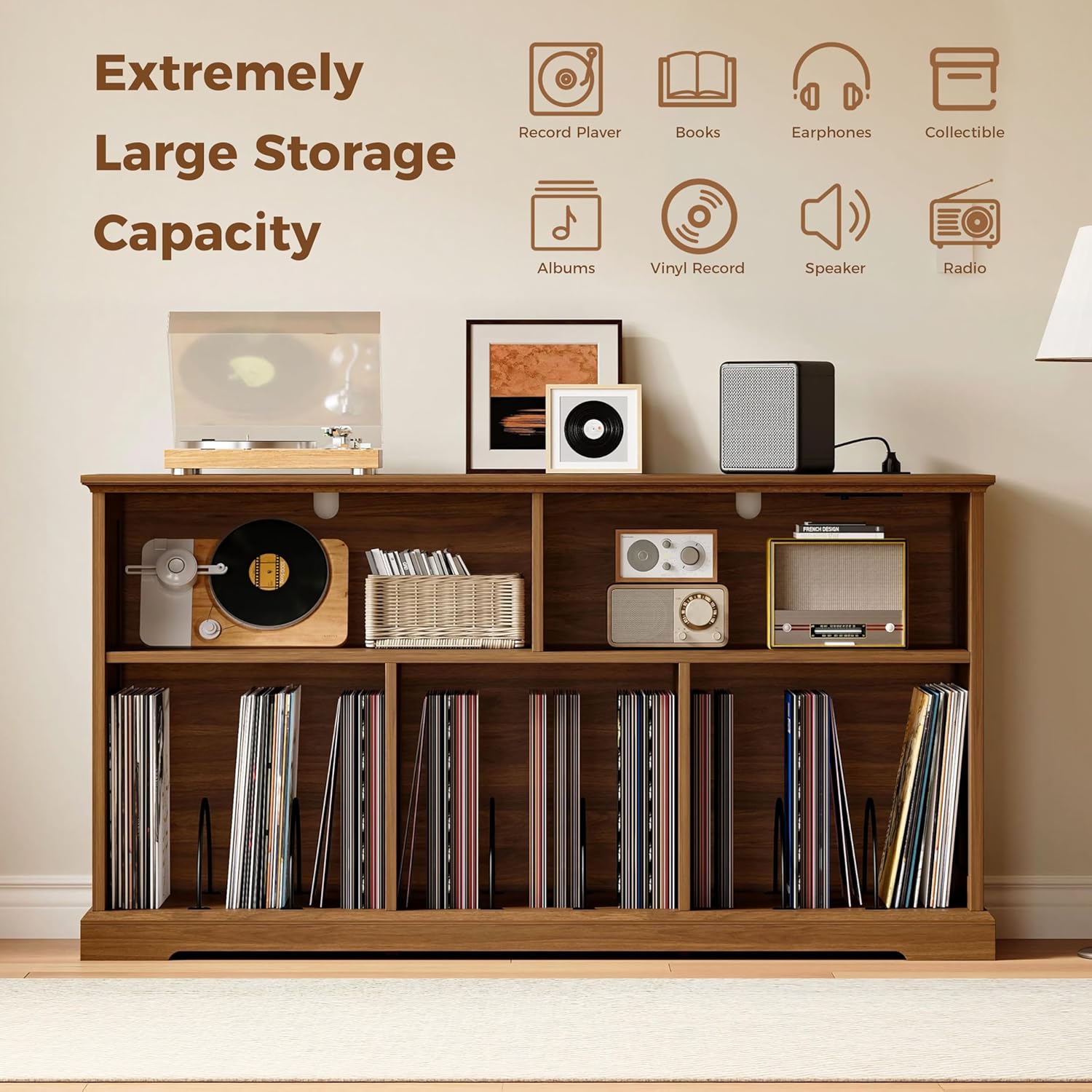 IRONCK 55in Mid-Century Modern Record Player Stand, Record Player Cabinet with Charging Station & USB Ports, Vinyl Record Storage Cabinet with Open Shelf for Living Room, Music Room, Walnut